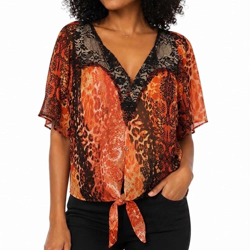 S NWT XOXO Sheer Snakeskin Lace Dolman Tie Front Cropped Bolero Top Blouse